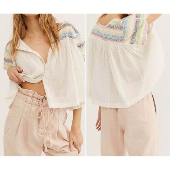 Free People Tops - Free People Mirabella Embroidered Top Sz XS Cream Multicolor Crop SS NWT $128